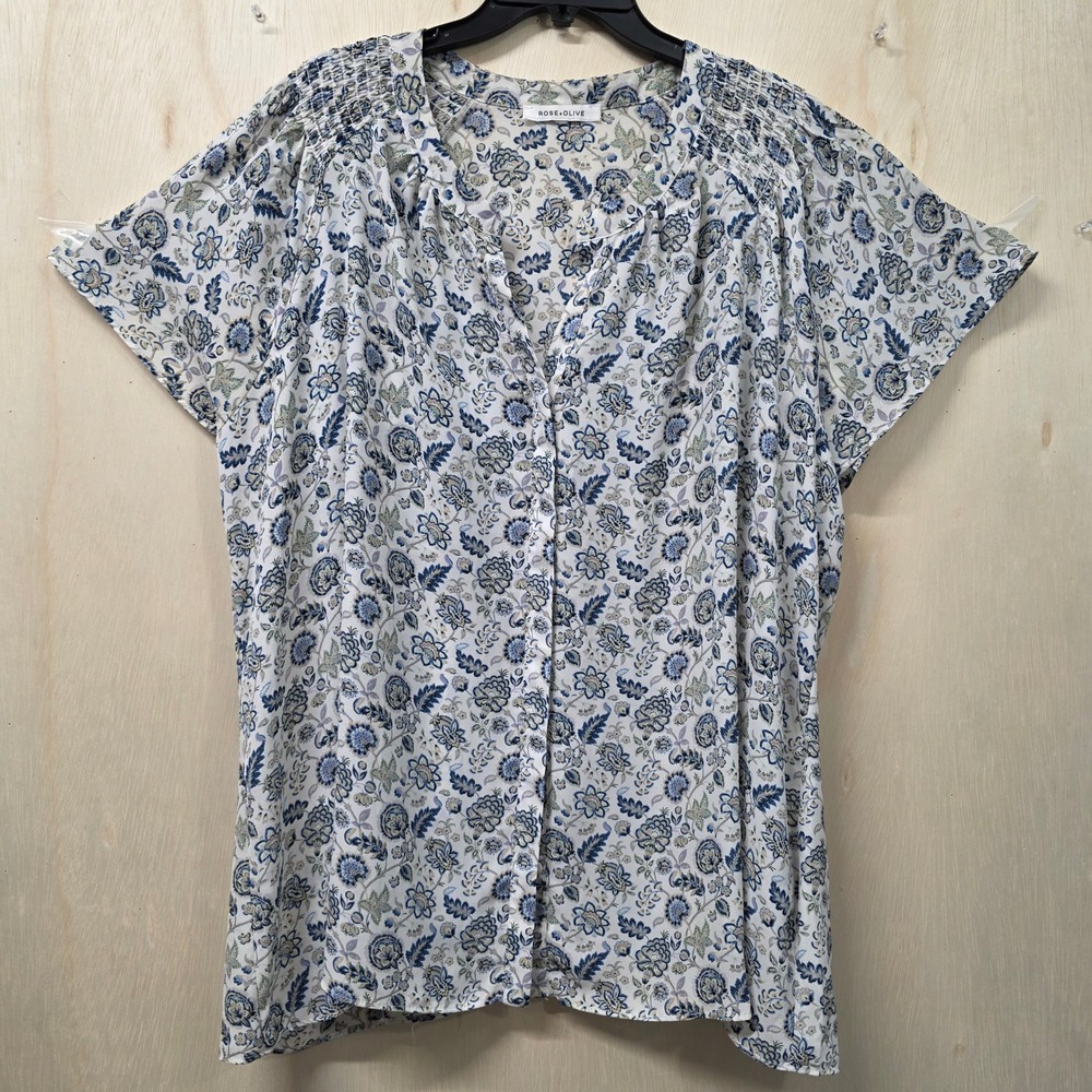 Rose + Olive Blue Floral Paisley Smocked Shoulder Button Front Blouse XL